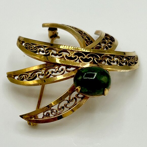 POLCINI Brooch Pin Signed 12K GF Gold Plated Jade Green Stone Filigree Vintage - Picture 4 of 12